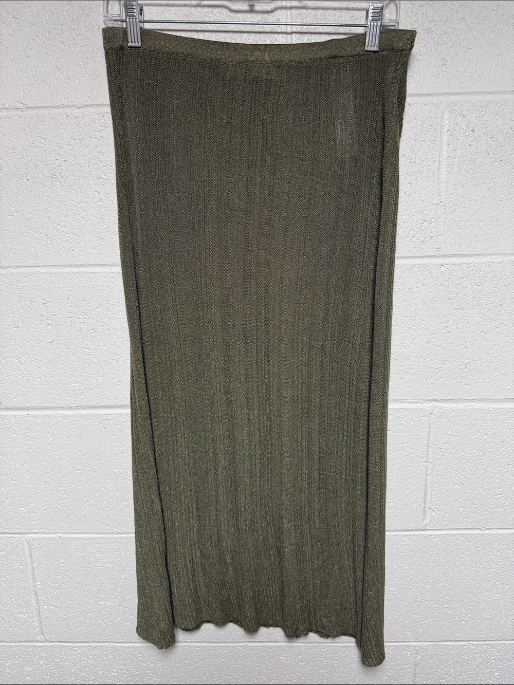 Zara Midi Skirt in Olive Green Shimmer Ribbed Sz Large - Picture 5 of 8